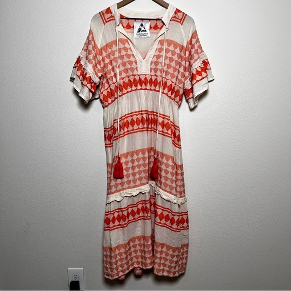 Pearl & Caviar Women Dress M/L Orange Tan Tiered Boho Short Sleeve Green Cottage